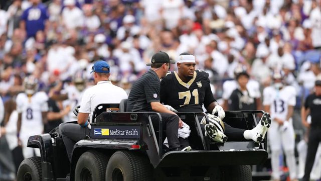 Saints LT Kelvin Banks carted off with ankle injury