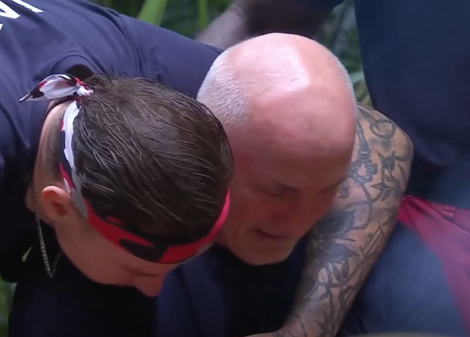 A tearful McGuigan is consoled on I’m A Celeb... (ITV)