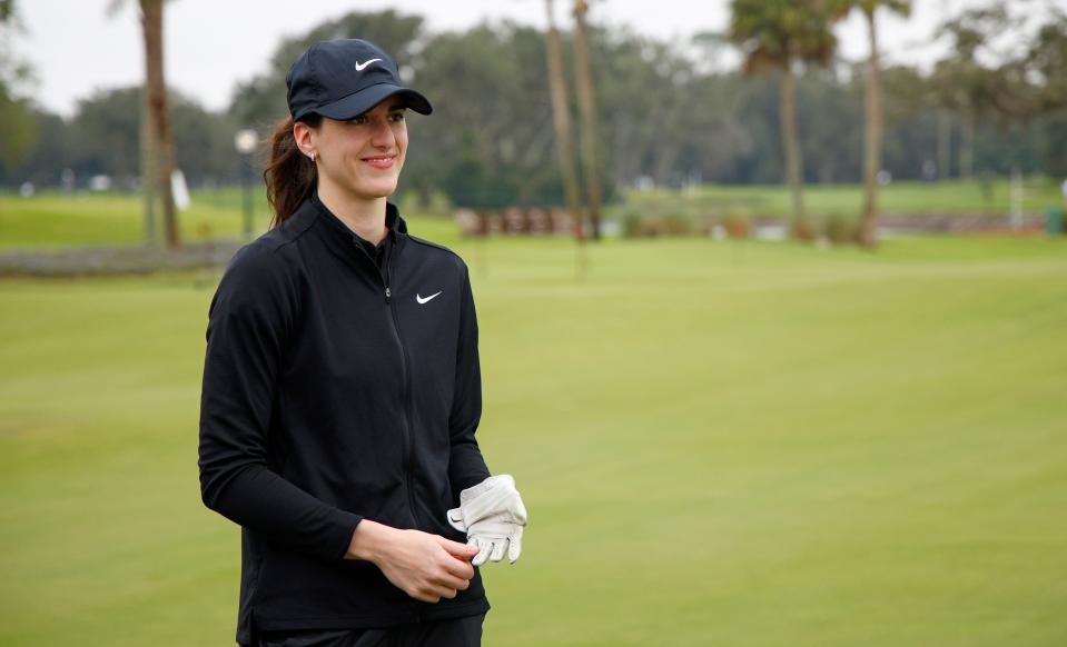 ST SIMONS ISLAND, GEORGIA - NOVEMBER 20: WNBA player Caitlin Clark plays during the Pro-Am prior to The RSM Classic 2024 at Sea Island Resort on November 20, 2024 in St Simons Island, Georgia. (Photo by Mike Ehrmann/Getty Images) ORG XMIT: 776222695 ORIG FILE ID: 2185788841