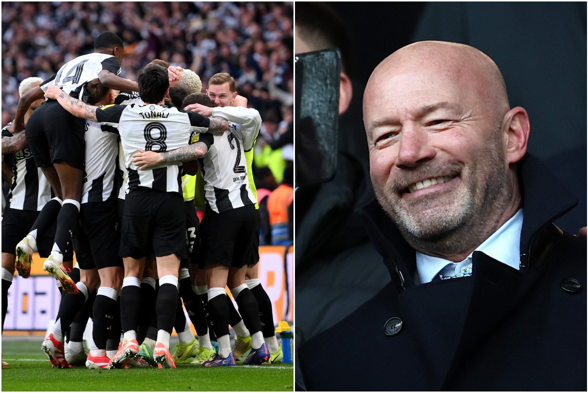 Newcastle players celebrating, and Alan Shearer smiling in the stands