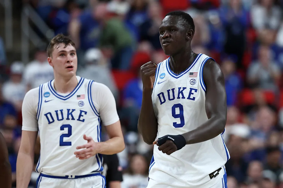 RALEIGH, NORTH CAROLINA - MARCH 23: Khaman Maluach #9 of the Duke Blue Devils reacts in the second round of the NCAA Men's Basketball Tournament against the Baylor Bears at Lenovo Center on March 23, 2025 in Raleigh, North Carolina. (Photo by Jared C. Tilton/Getty Images)