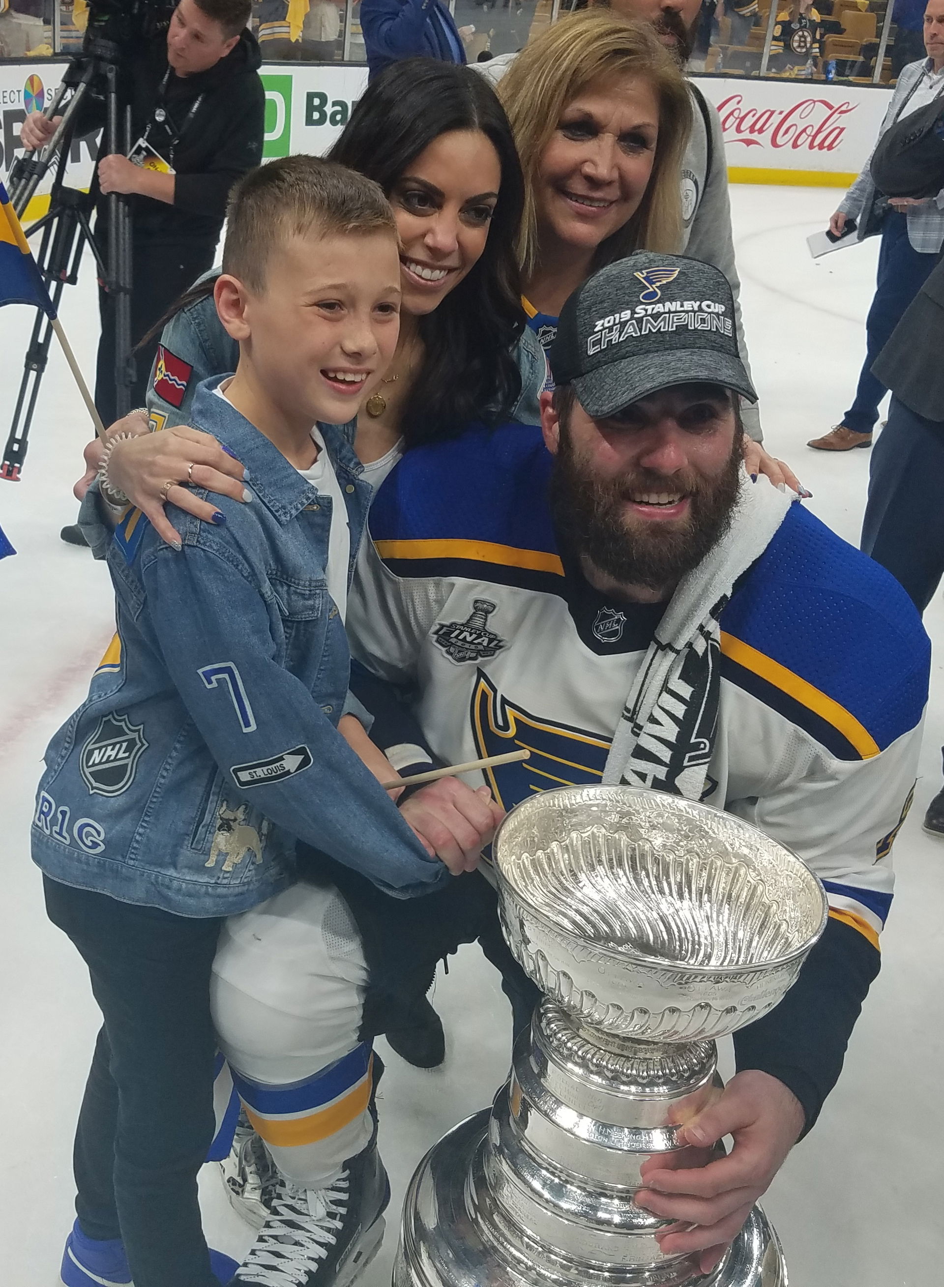 Pat Maroon with (left to right) son Anthony, wife Francesca and mother Patti on the ice after the St. Louis Blues won the Stanley Cup in Boston on June 12, 2019.