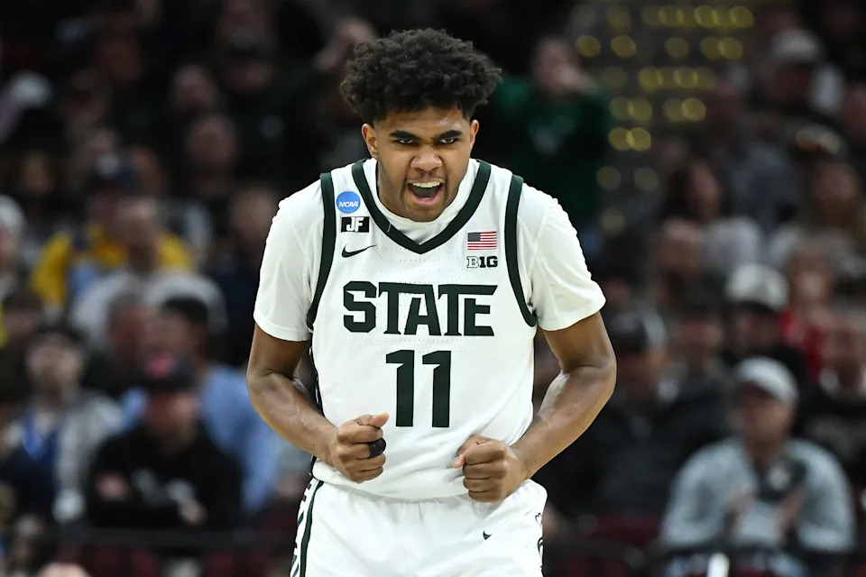 CLEVELAND, OHIO - MARCH 21: Jase Richardson #11 of the Michigan State Spartans celebrates after his three-point basket against the Bryant University Bulldogs during the second half in the first round of the NCAA Men's Basketball Tournament at Rocket Mortgage Fieldhouse on March 21, 2025 in Cleveland, Ohio. (Photo by Nick Cammett/Getty Images)