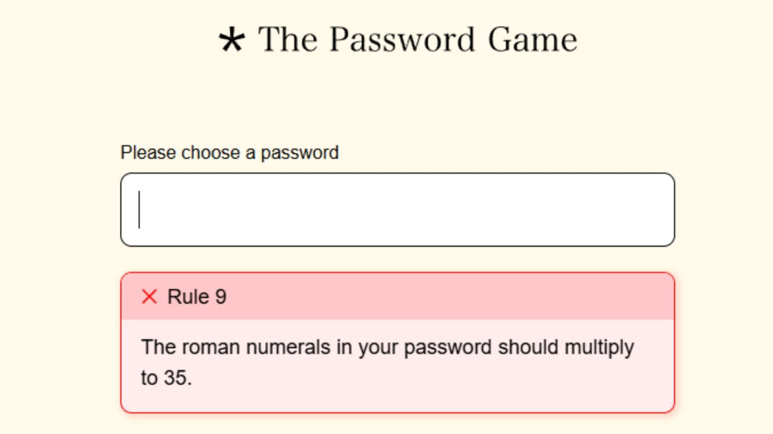 How to beat Rule 9 of The Password Game – The Roman numerals in your password must multiply to 35