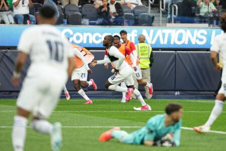 Striker celebrates goal with Thierry Henry