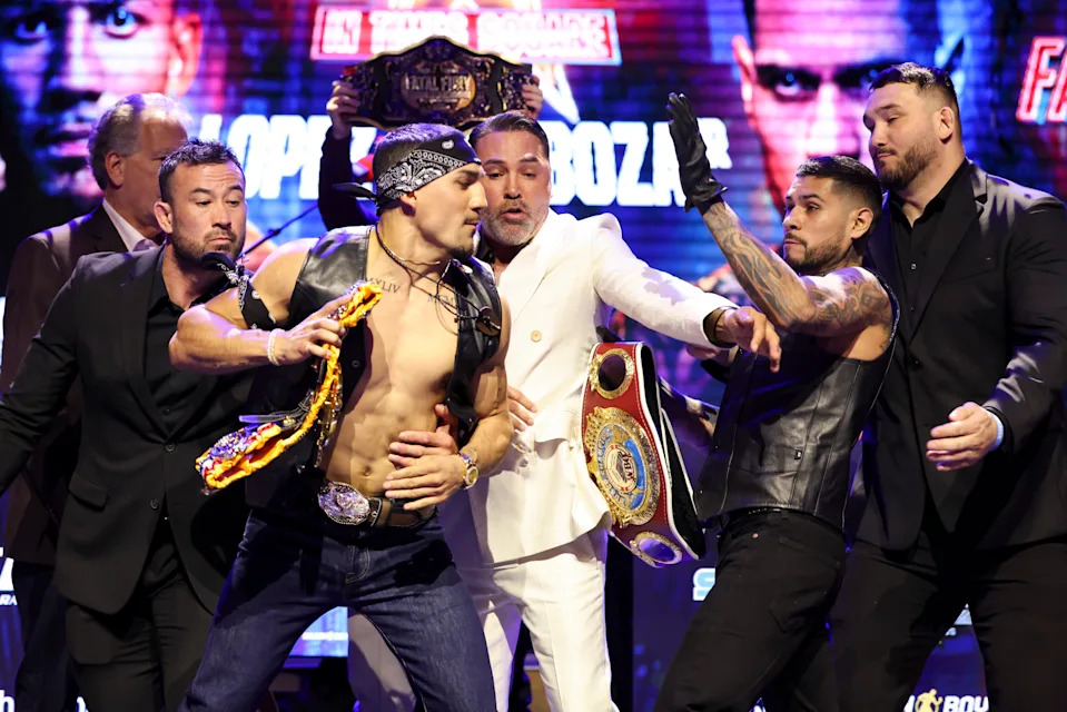 LOS ANGELES, CALIFORNIA - MARCH 10: Teofimo Lopez and Arnold Barboza Jr. face off during a press conference at The Mayan on March 10, 2025 in Los Angeles, California. (Photo by Cris Esqueda/Golden Boy/Getty Images)