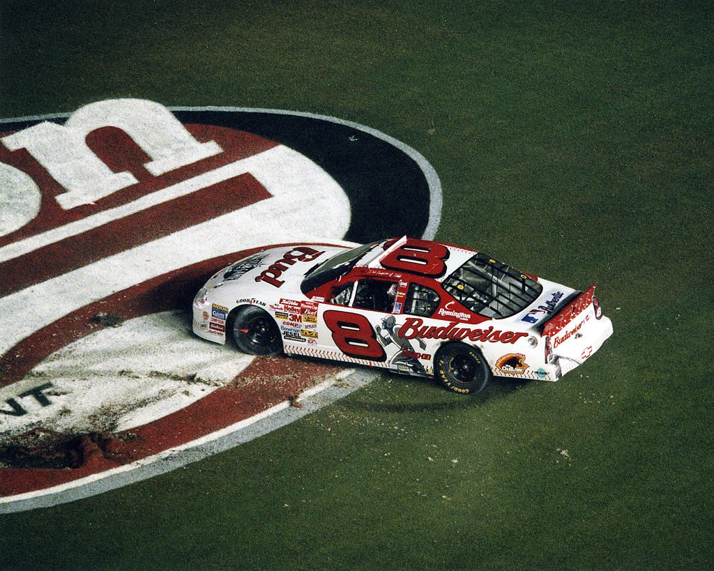 DAYTONA BEACH, FL - JULY 7, 2001: Dale Earnhardt, Jr. celebrates his win in the Pepsi 400 NASCAR Cup race at Daytona International Speedway, his third major NASCAR win. (Photo by ISC Images & Archives via Getty Images)