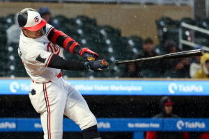New Twins OF Carson McCusker accidentally launches bat into left field during rainy matchup with Guardians