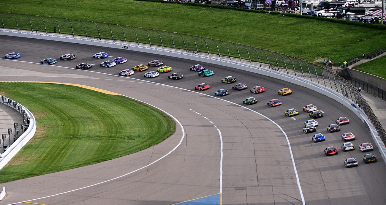 KANSAS CITY, KANSAS - MAY 05: A general view of racing during the NASCAR Cup Series AdventHealth 400 at Kansas Speedway on May 05, 2024 in Kansas City, Kansas. (Photo by Logan Riely/Getty Images)