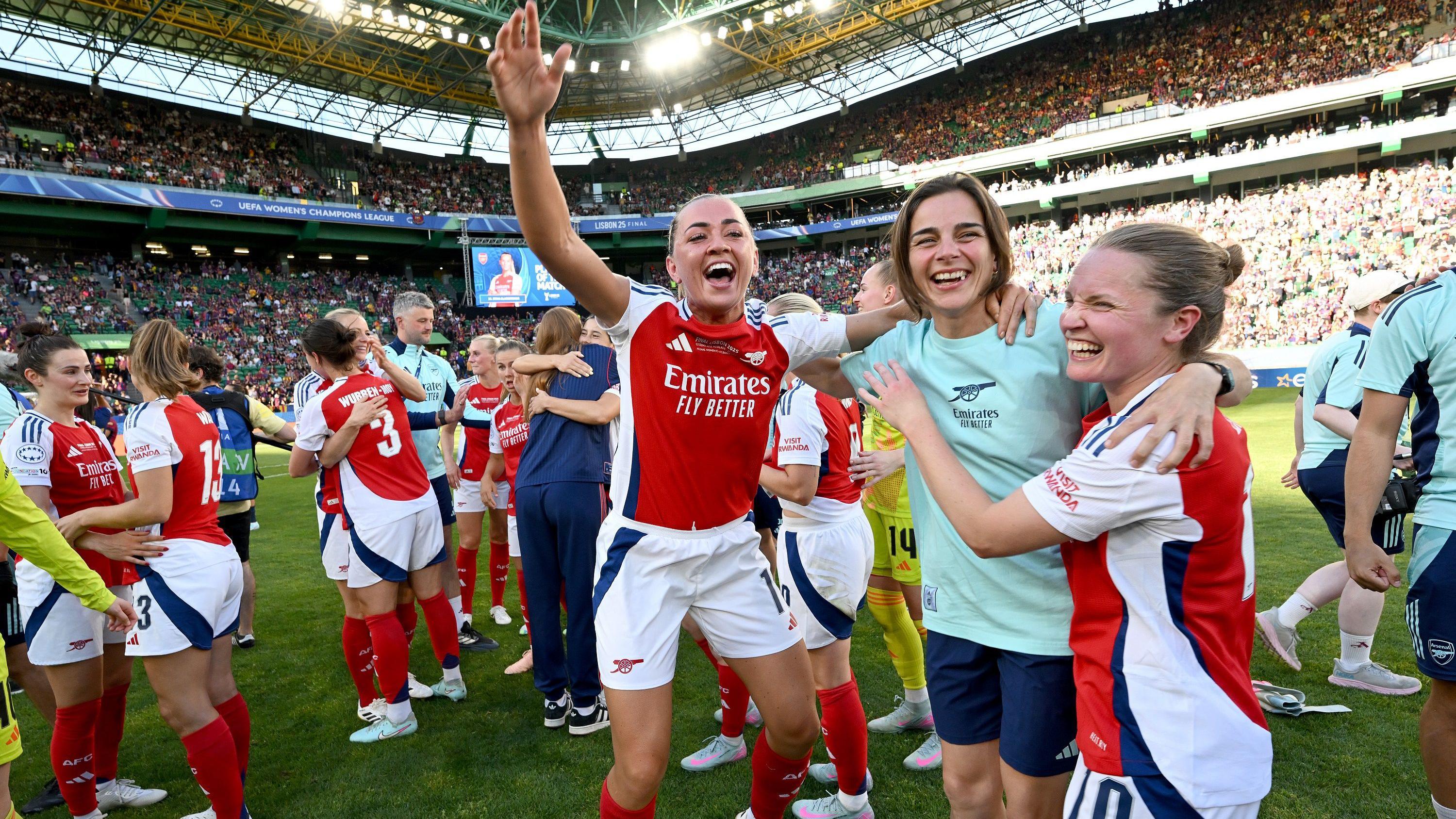 Katie McCabe, Renee Slegers and Kim Little celebrating their victory in Lisbon