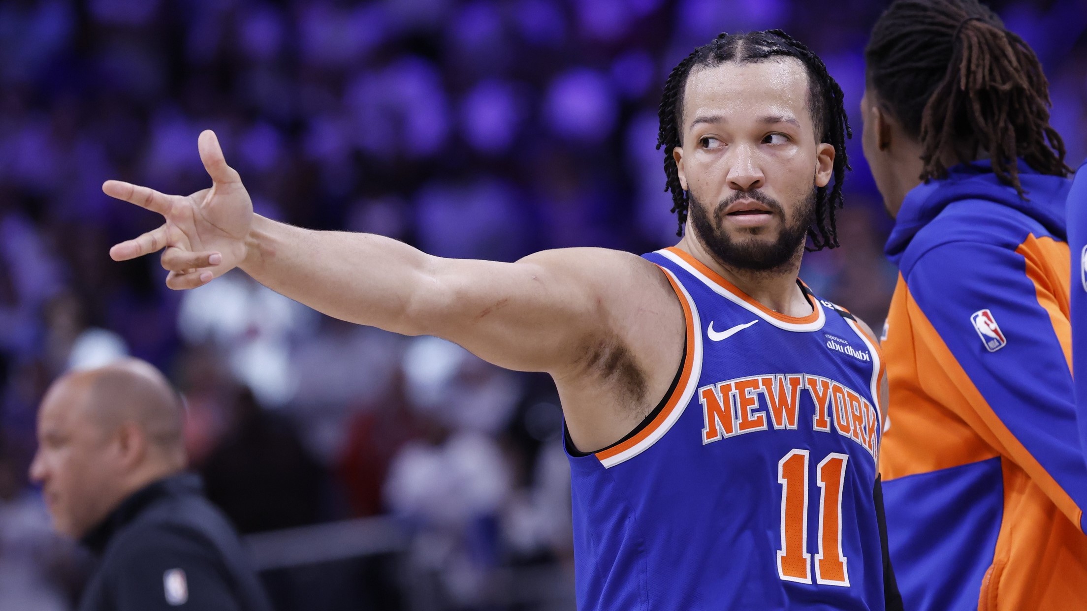 May 1, 2025; Detroit, Michigan, USA; New York Knicks guard Jalen Brunson (11) celebrates his three point basket in the fourth quarter against the Detroit Pistons during game six of first round for the 2024 NBA Playoffs at Little Caesars Arena.