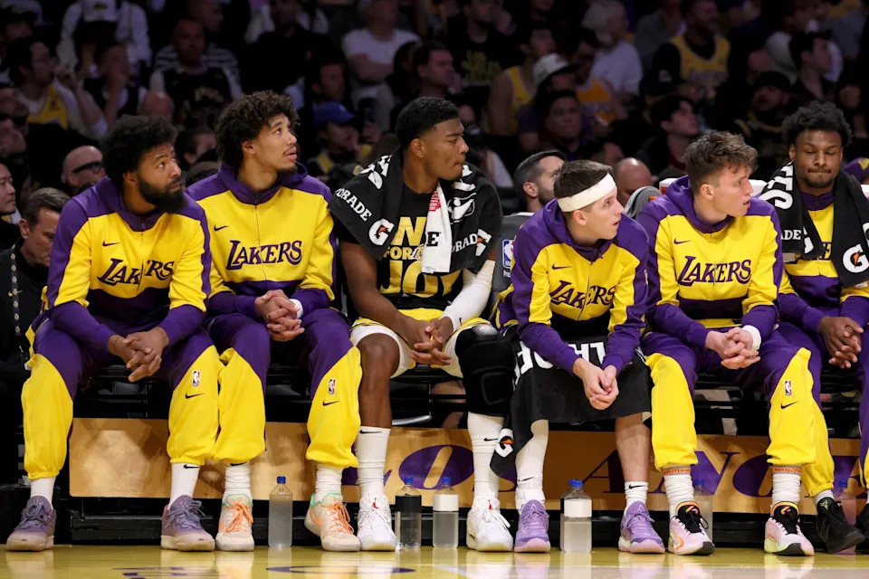 The Lakers bench watches the action during the second quarter of the team's Game 5 playoff loss to the Timberwolves