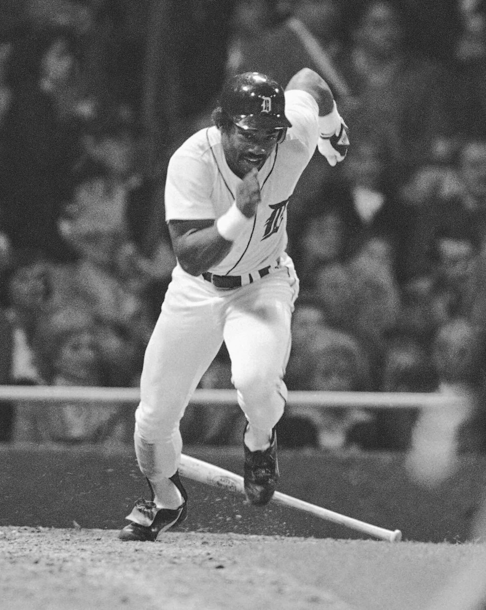 Detroit's Chet Lemon races to first to beat the throw after hitting a ground ball during the 1984 World Series