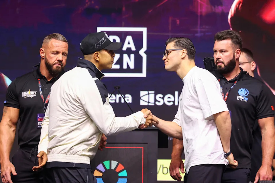 Mexico's Jaime Munguia (L) and France's Bruno Surace shake hands ahead of a press conference in Riyadh on May 1, 2025, ahead of his super middleweight boxing match. (Photo by Fayez NURELDINE / AFP) (Photo by FAYEZ NURELDINE/AFP via Getty Images)