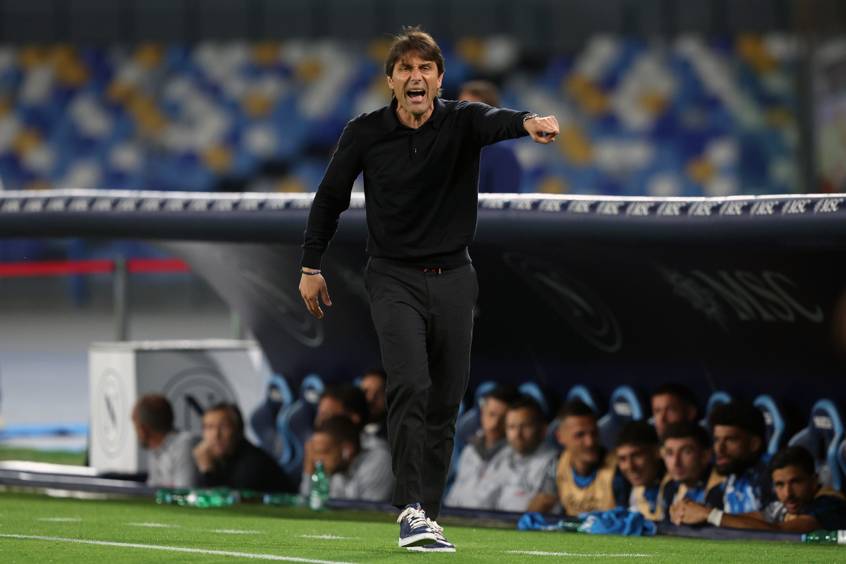 NAPLES, ITALY - MAY 11: Antonio Conte Napoli head coach reacts during the Serie A match between Napoli and Genoa at Stadio Diego Armando Maradona on May 11, 2025 in Naples, Italy. (Photo by Francesco Pecoraro/Getty Images)