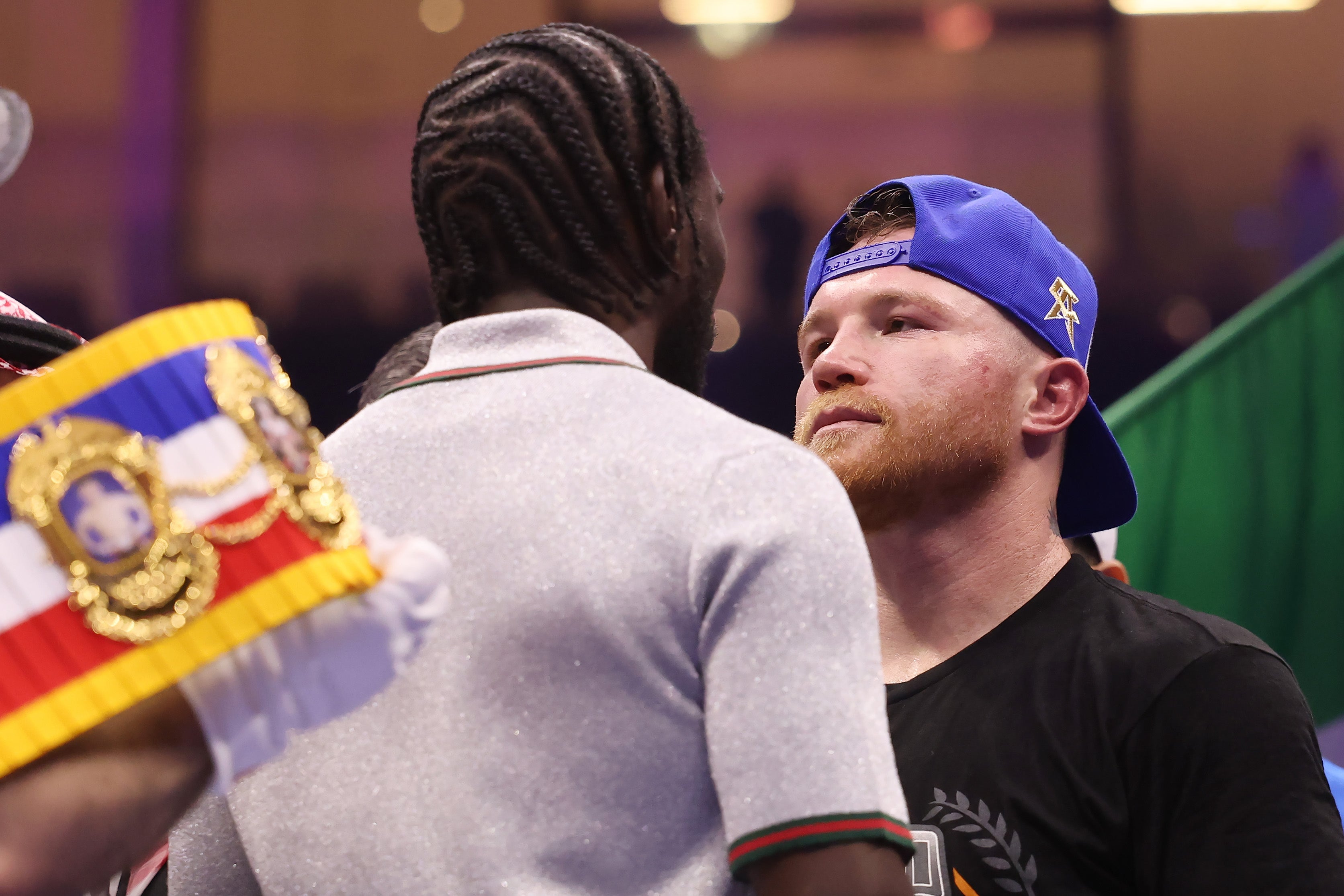 Canelo Alvarez (right) stared down Terence Crawford with the pair primed to meet in September