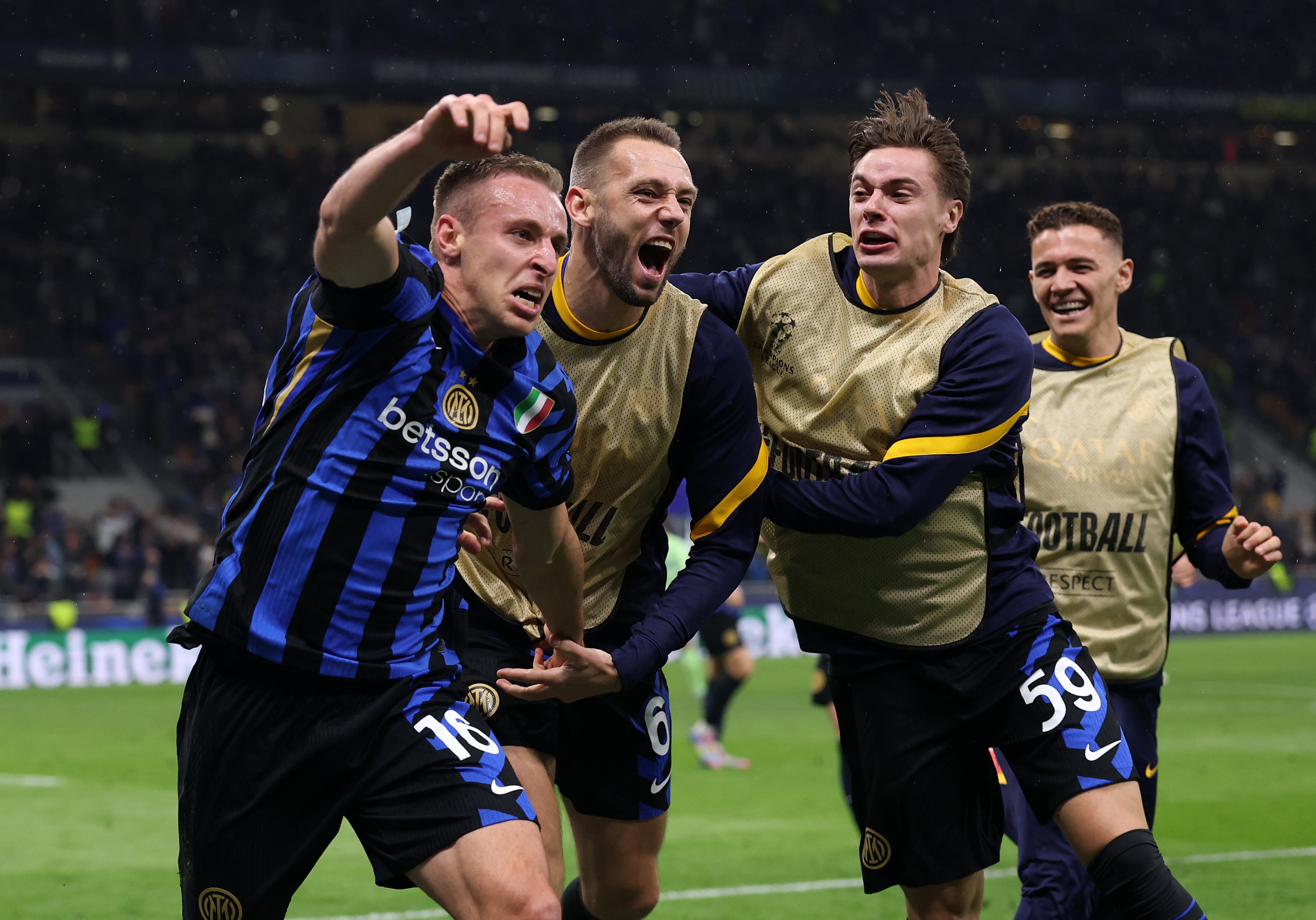 Davide Frattesi of Inter Milan celebrates scoring against Barcelona in the semi-finals