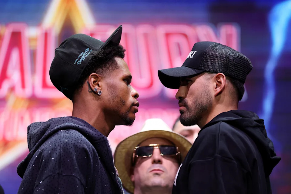 NEW YORK, NEW YORK - APRIL 30: Jose Ramirez and Devin Haney face off during a press conference for the fight between Ryan Garcia and Rolando “Rolly” Romero at the Manhattan Center on April 30, 2025 in New York City. (Photo by Cris Esqueda/Golden Boy/Getty Images)