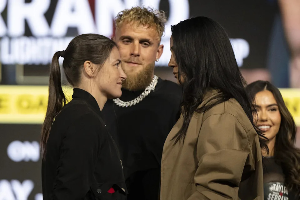 NEW YORK, USA - APRIL 09: Katie Taylor (L), Amanda Serrano (R), and Jake Paul (M) during the kick-off press conference for Taylor vs Serrano 3 at The Theater at Madison Square Garden in New York City, New York, U.S., April 9, 2025. (Photo by Mostafa Bassim/Anadolu via Getty Images)