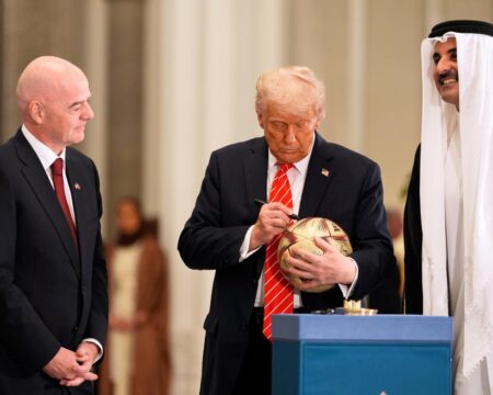 Uefa accuses Infantino of pursuing ‘private interests’ on Trump’s Gulf tour