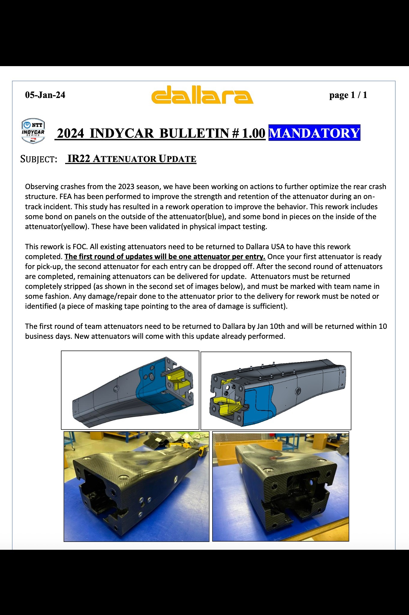 Another bulletin from Dallara issued in 2024 on mandatory modifications needed for the rear attenuator