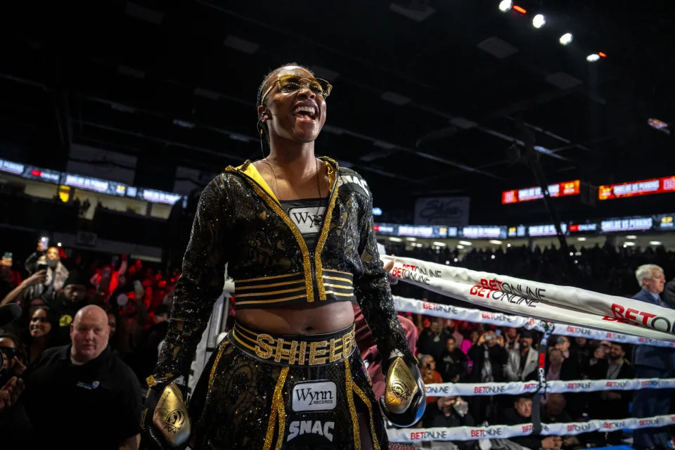 FLINT, MICHIGAN - FEBRUARY 02: Claressa Shields arrives for her undisputed heavyweight title bout against Danielle Perkins on February 02, 2025 at Dort Financial Center in Flint, Michigan. (Photo by Nic Antaya/Getty Images)