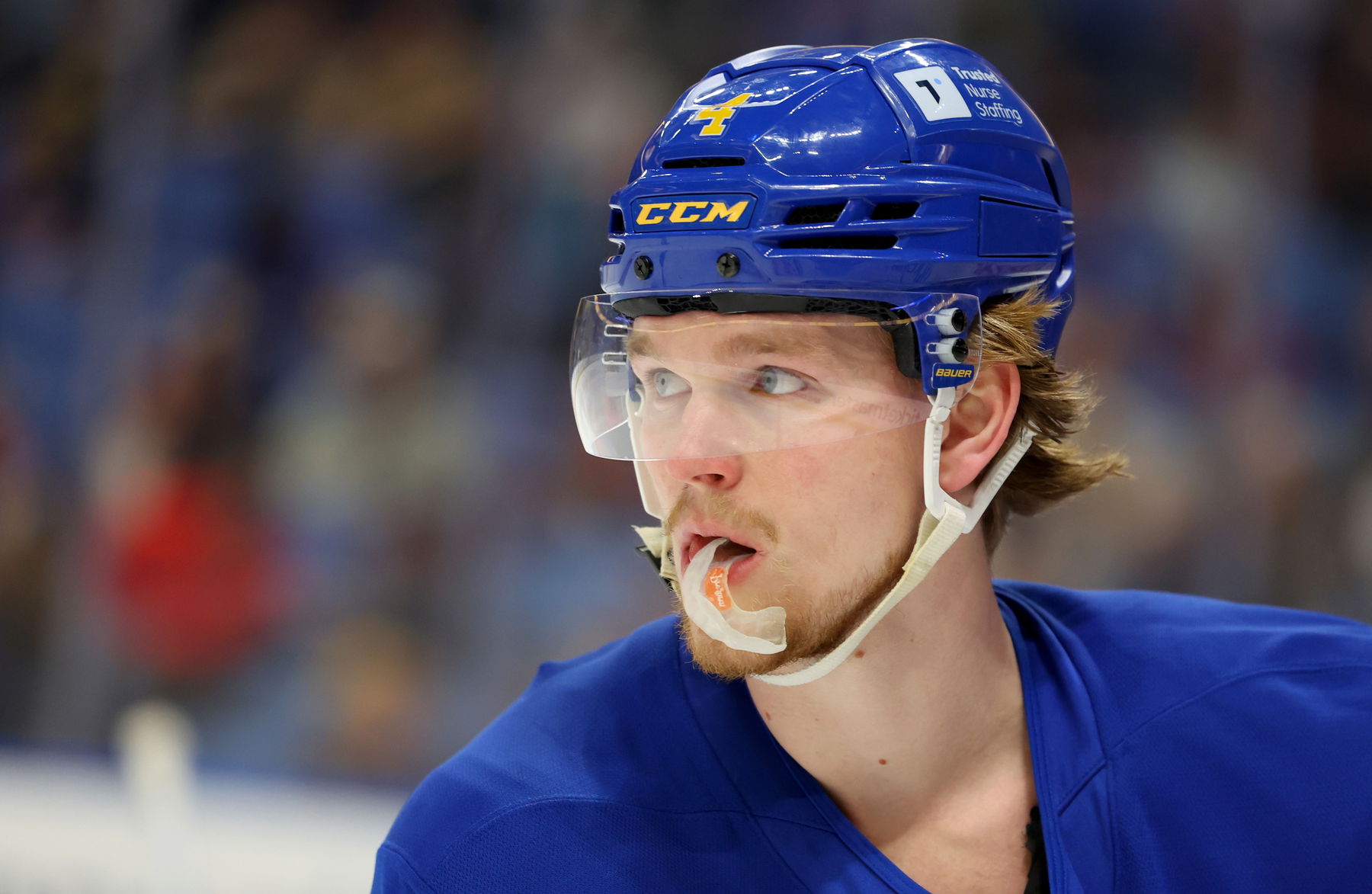 Mar 25, 2025; Buffalo, New York, USA; Buffalo Sabres defenseman Bowen Byram (4) on the ice before a game against the Ottawa Senators at KeyBank Center. (Timothy T. Ludwig-Imagn Images)