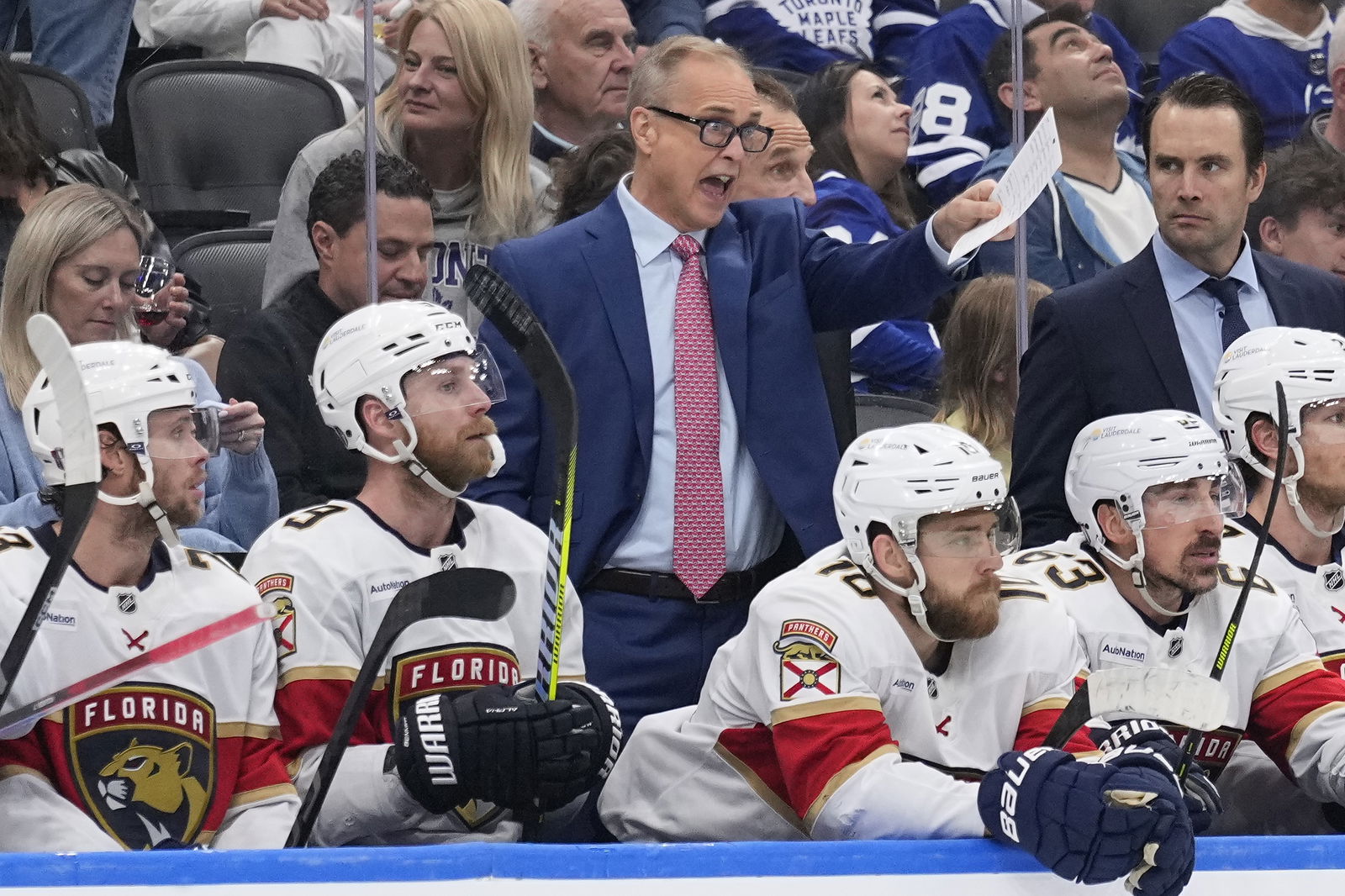 May 18, 2025; Toronto, Ontario, CAN; Florida Panthers head coach Paul Maurice (blue suit) calls out instructions during the third period of game seven of the second round of the 2025 Stanley Cup Playoffs against the Toronto Maple Leafs at Scotiabank Arena. (Credit: John E. Sokolowski-Imagn Images)