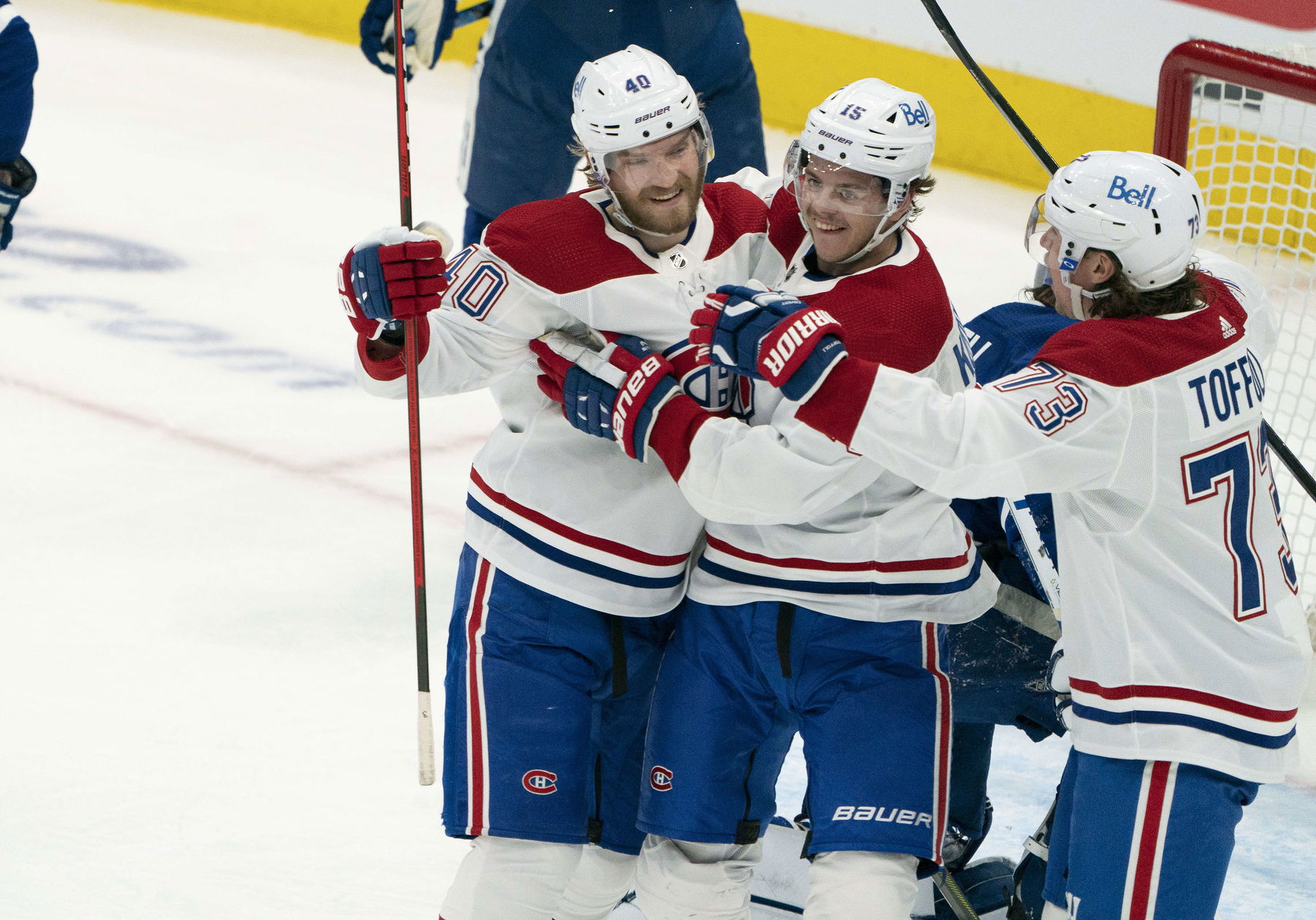 May 22, 2021; Toronto, Ontario, CAN; Montreal Canadiens center Jesperi Kotkaniemi (15) celebrates with right wing Joel Armia (40) after scoring a goal against the Toronto Maple Leafs during the first period in game two of the first round of the 2021 Stanley Cup Playoff at Scotiabank Arena. (Nick Turchiaro-Imagn Images)