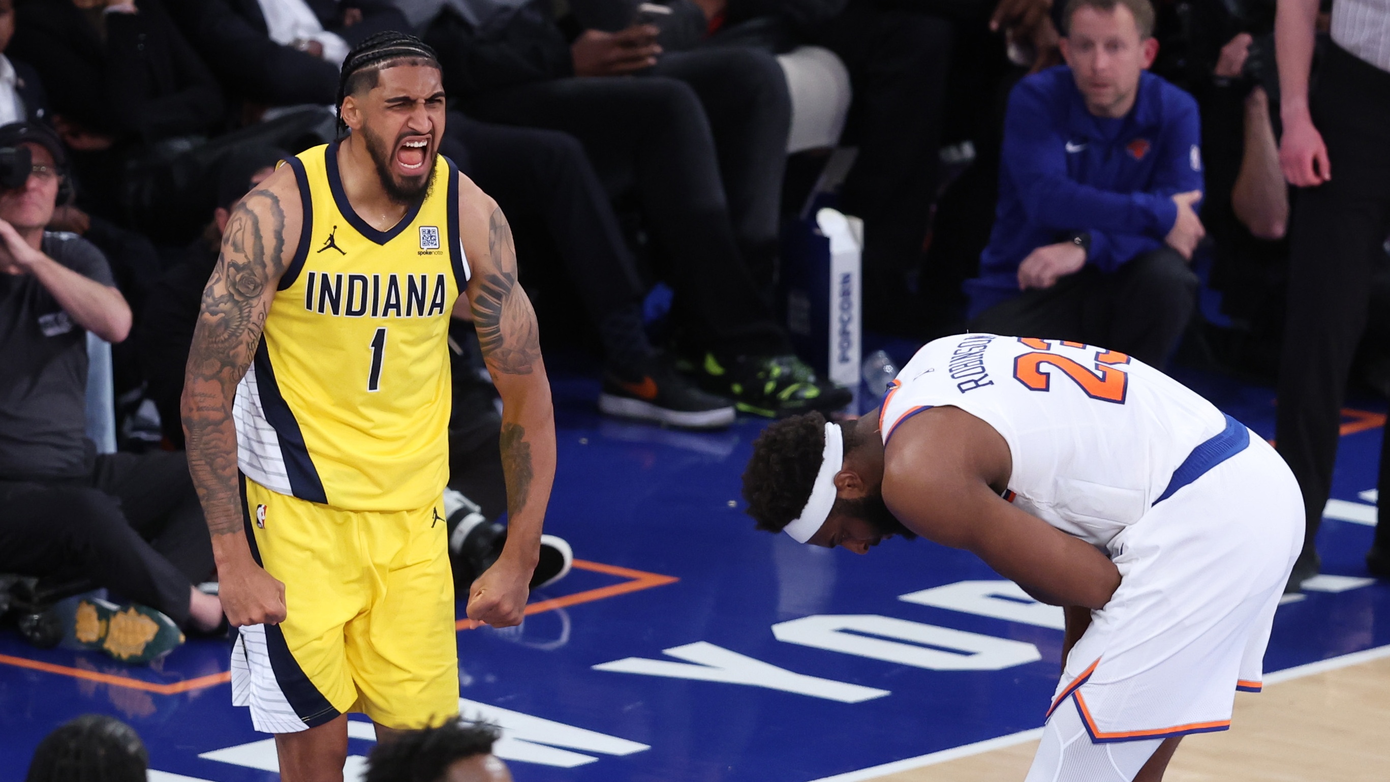 Indiana Pacers forward Obi Toppin (1) reacts in the second half against the New York Knicks during game one of the eastern conference finals for the 2025 NBA Playoffs at Madison Square Garden