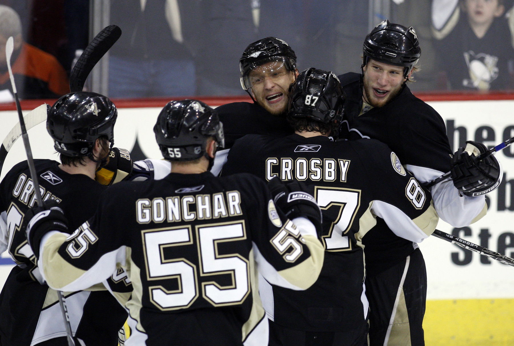 May 11, 2008; Pittsburgh, PA, USA; Pittsburgh Penguins center Jordan Staal (11) celebrates his empty net goal with line mates Brooks Orpik (44) and Sergei Gonchar (55) and Sidney Crosby (87) and Marian Hossa (18) during the third period of game two of the Eastern Conference finals against the Philadelphia Flyers at Mellon Arena. The Penguins beat the Flyers 4-2. (Jerry Lai-Imagn Images)