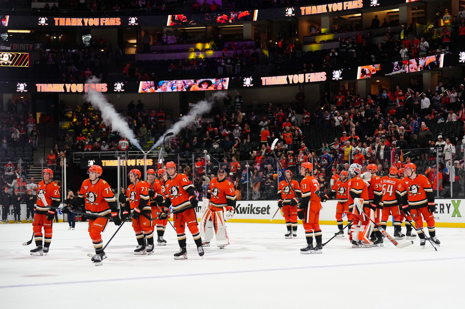Apr 13, 2025; Anaheim, California, USA; Anaheim Ducks players acknowledge the fans after a game against the Colorado Avalanche at the Honda Center. Mandatory Credit: Kirby Lee-Imagn Images