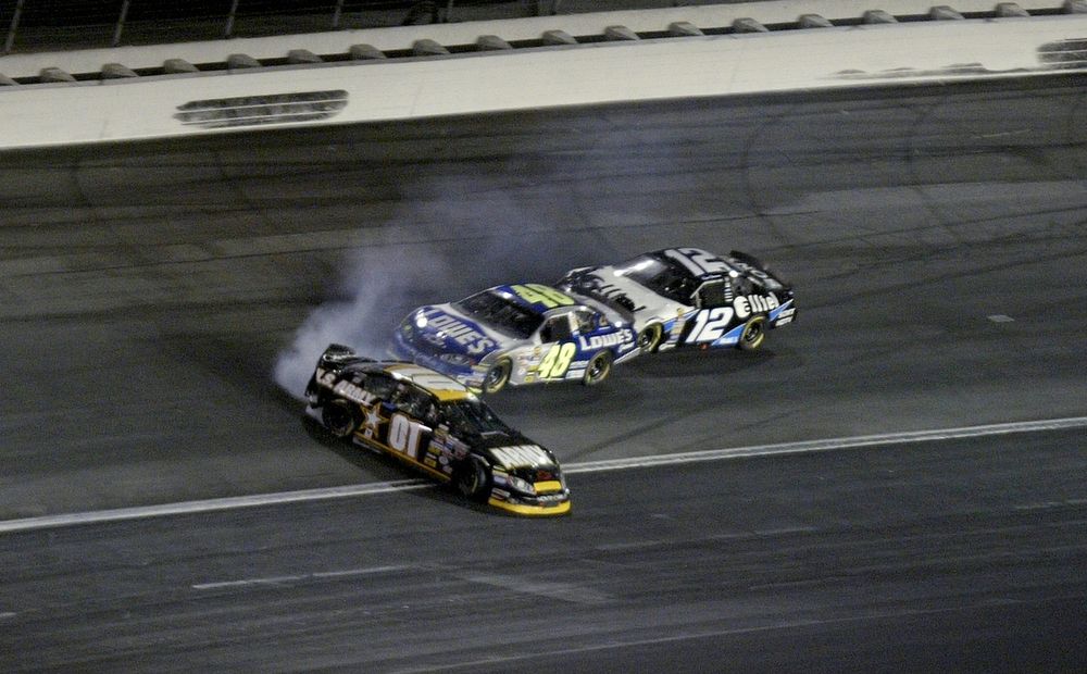 Joe Nemechek crashes from the lead