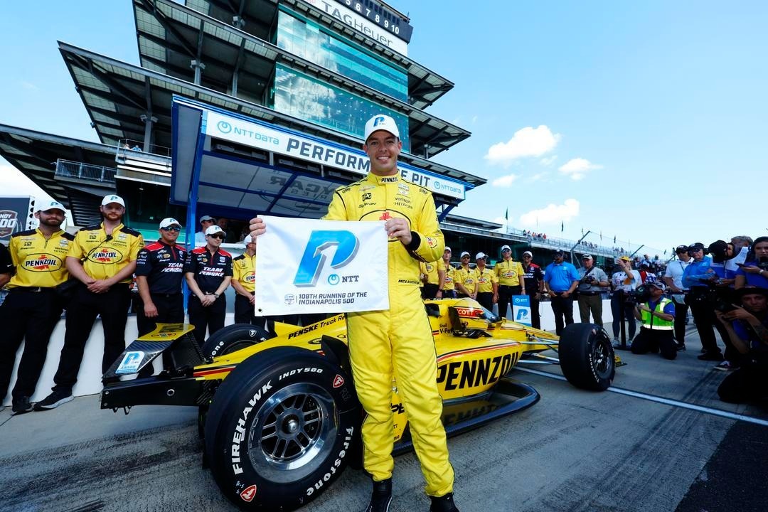 Scott McLaughlin with his P1 award for starting pole for the 108th running of the Indianapolis 500, 2024