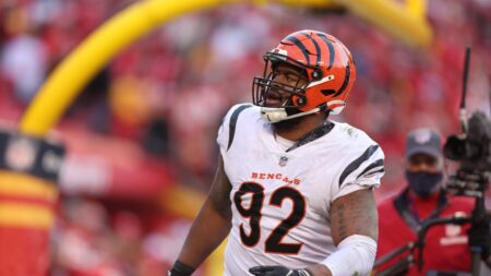 B.J. Hill in walking boot at Bengals workouts