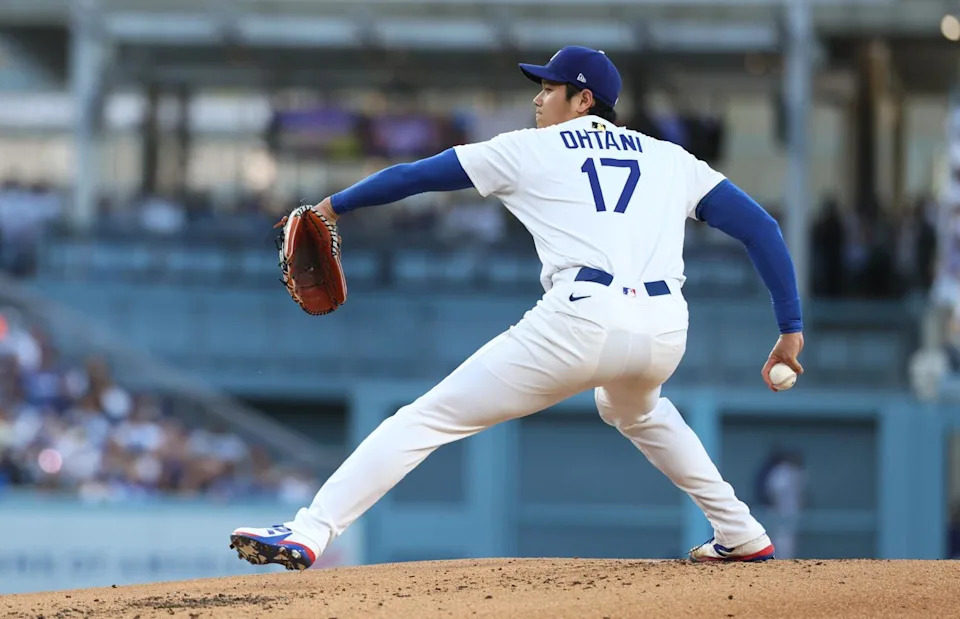 Shohei Ohtani pitches against the San Diego Padres on Monday.