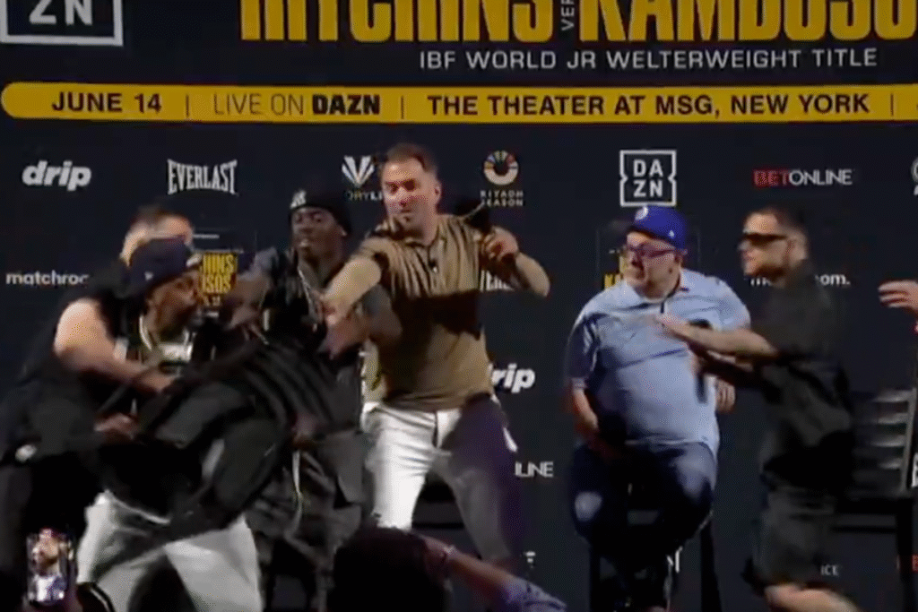 George Kambosos Jr and Richardson Hitchins face-off features slap and thwarted attempt to throw chair