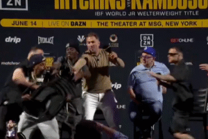 George Kambosos Jr and Richardson Hitchins face-off features slap and thwarted attempt to throw chair