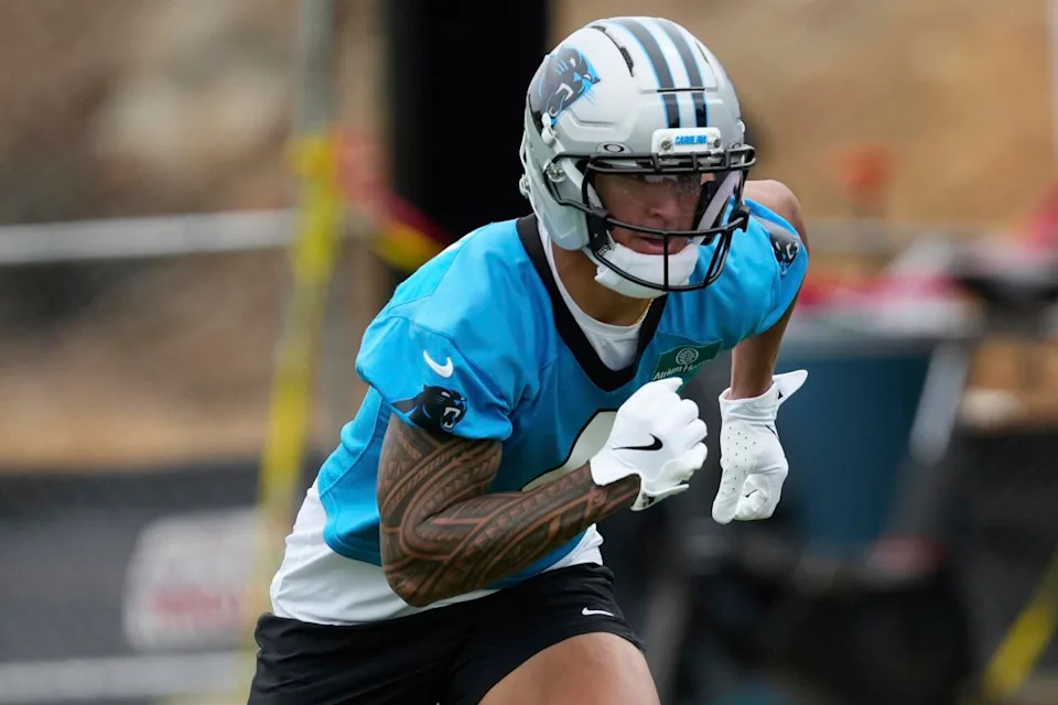 Carolina Panthers wide receiver Tetairoa McMillan participates in a rookie minicamp on April 25.