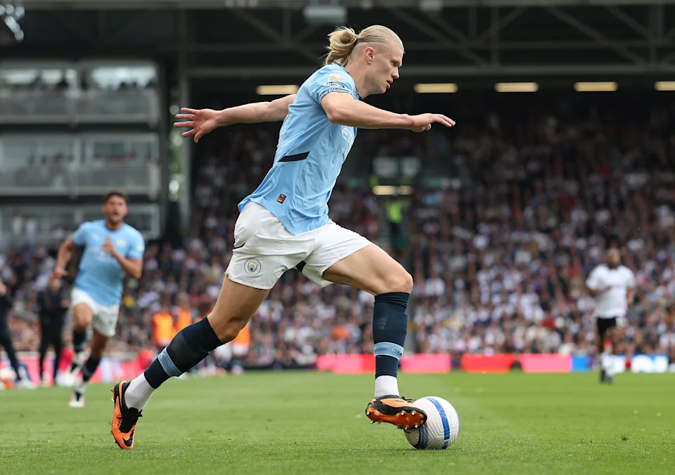 LONDON, ENGLAND - MAY 25: Erling Haaland of Manchester City during the Premier League match between Fulham FC and Manchester City FC at Craven Cottage on May 25, 2025 in London, England. (Photo by Alex Davidson/Getty Images)