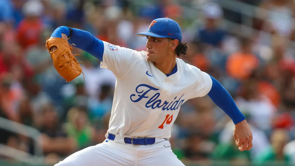 Florida starting pitcher Jac Caglianone (14) throws a pitch during an NCAA baseball game against Florida A&M on Friday, June 2, 2023, in Gainesville, Fla. (AP Photo/Gary McCullough)
