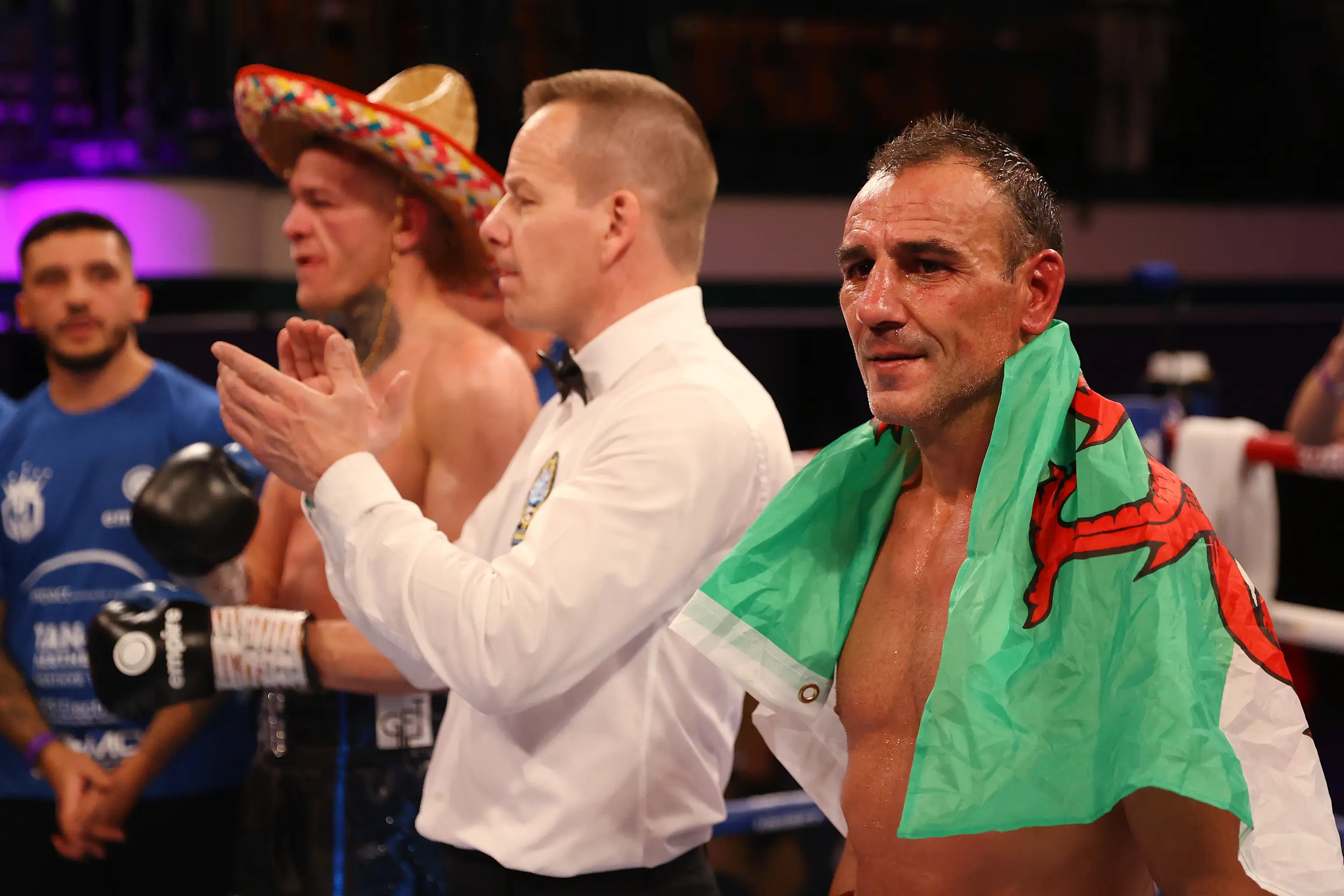 LONDON, ENGLAND - DECEMBER 01: Emiliano Marsili reacts to defeat after pulling out of the fight with a injury after the EBU European Lightweight Title fight between Gavin Gwynne and Emiliano Marsiliat York Hall on December 01, 2023 in London, England. (Photo by James Chance/Getty Images)