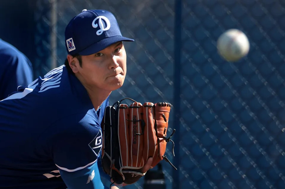 Dodgers pitcher Shohei Ohtani throws during spring training in Phoenix in February.