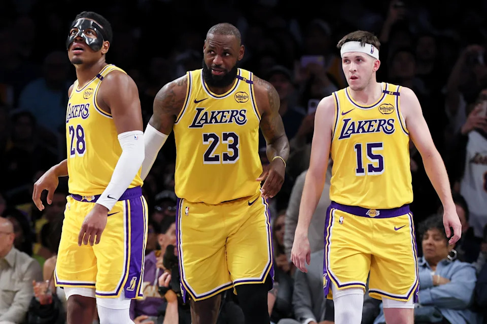 LOS ANGELES, CA - APRIL 22: Los Angeles Lakers forward LeBron James (23) walks on the court with forward Rui Hachimura (28) and guard Austin Reaves (15) during the fourth quarter of an NBA playoff game against the Minnesota Timberwolves at Crypto.com Arena on Tuesday, April 22, 2025 in Los Angeles, CA.(Robert Gauthier / Los Angeles Times via Getty Images)