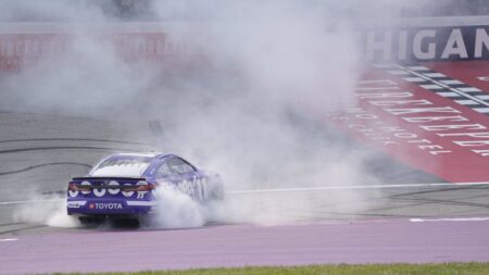 Denny Hamlin wins on baby watch