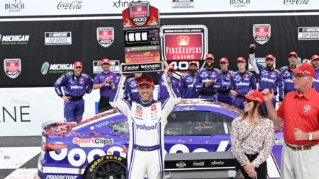 Denny Hamlin wins NASCAR race at Michigan, taunts crowd with OSU chant