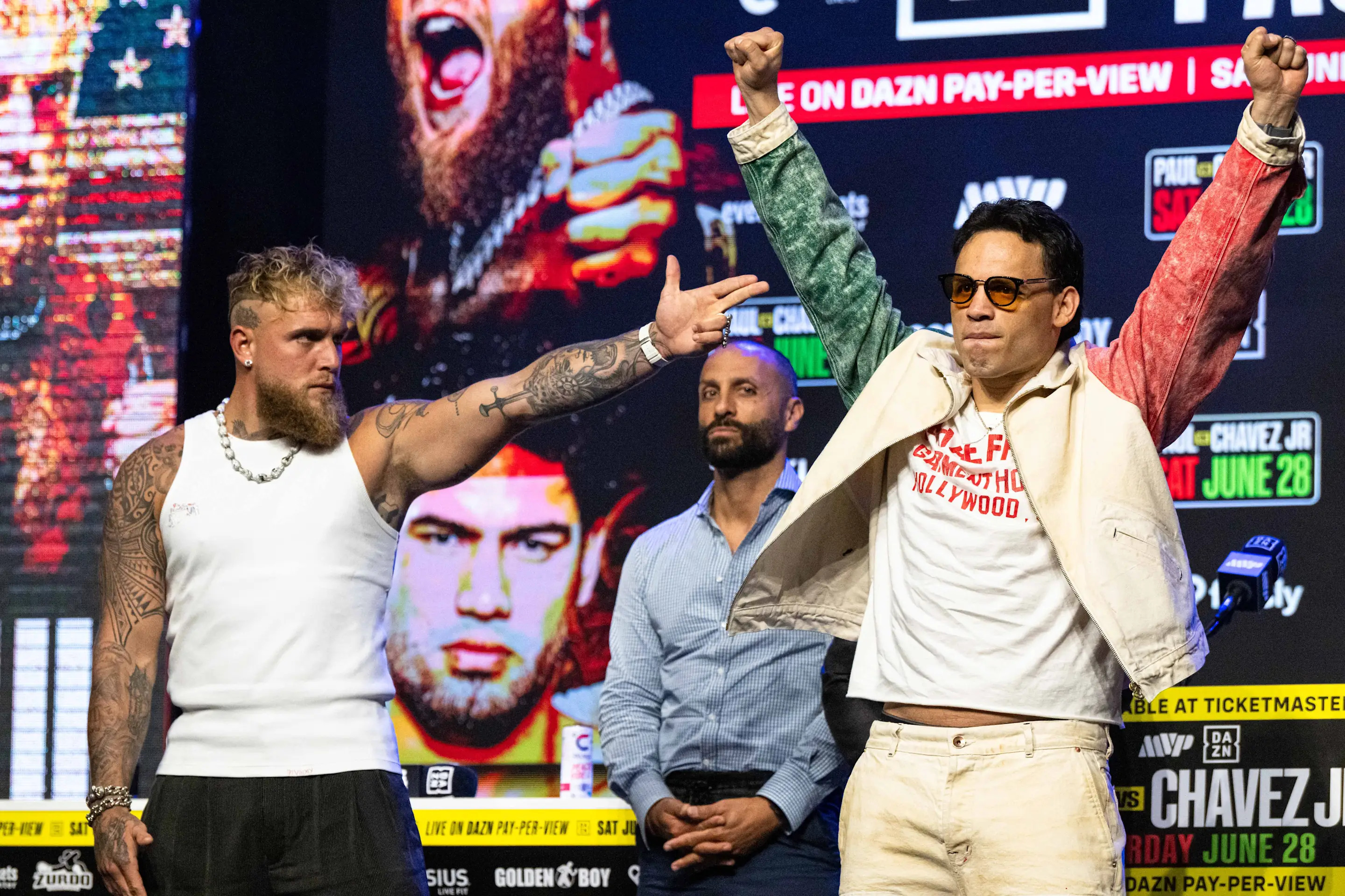 LOS ANGELES, UNITED STATES - MAY 14: Jake Paul (L) faces off against Julio Chavez Jr. during the Los Angeles press conference for the Jake Paul vs. Julio Cesar Chavez Jr. fight, hosted by DAZN at the Avalon West Hollywood on May 14, 2025 in United States. (Photo by Jon Putman/Anadolu via Getty Images)