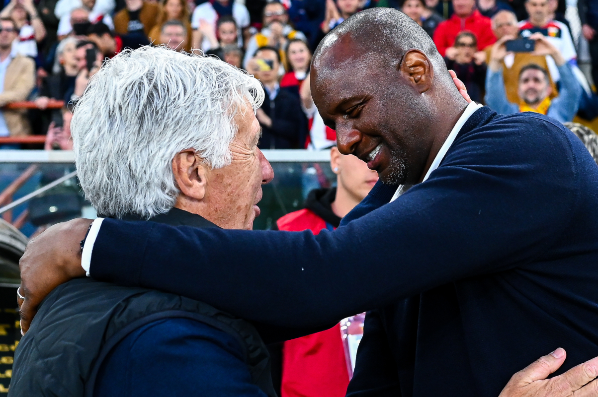 GENOA, ITALY - MAY 17: Gian Piero Gasperini, head coach of Atalanta (left), greets Patrick Vieira, head coach of Genoa, prior to kick-off in the Serie A match between Genoa and Atalanta at Stadio Luigi Ferraris on May 17, 2025 in Genoa, Italy. (Photo by Simone Arveda/Getty Images)