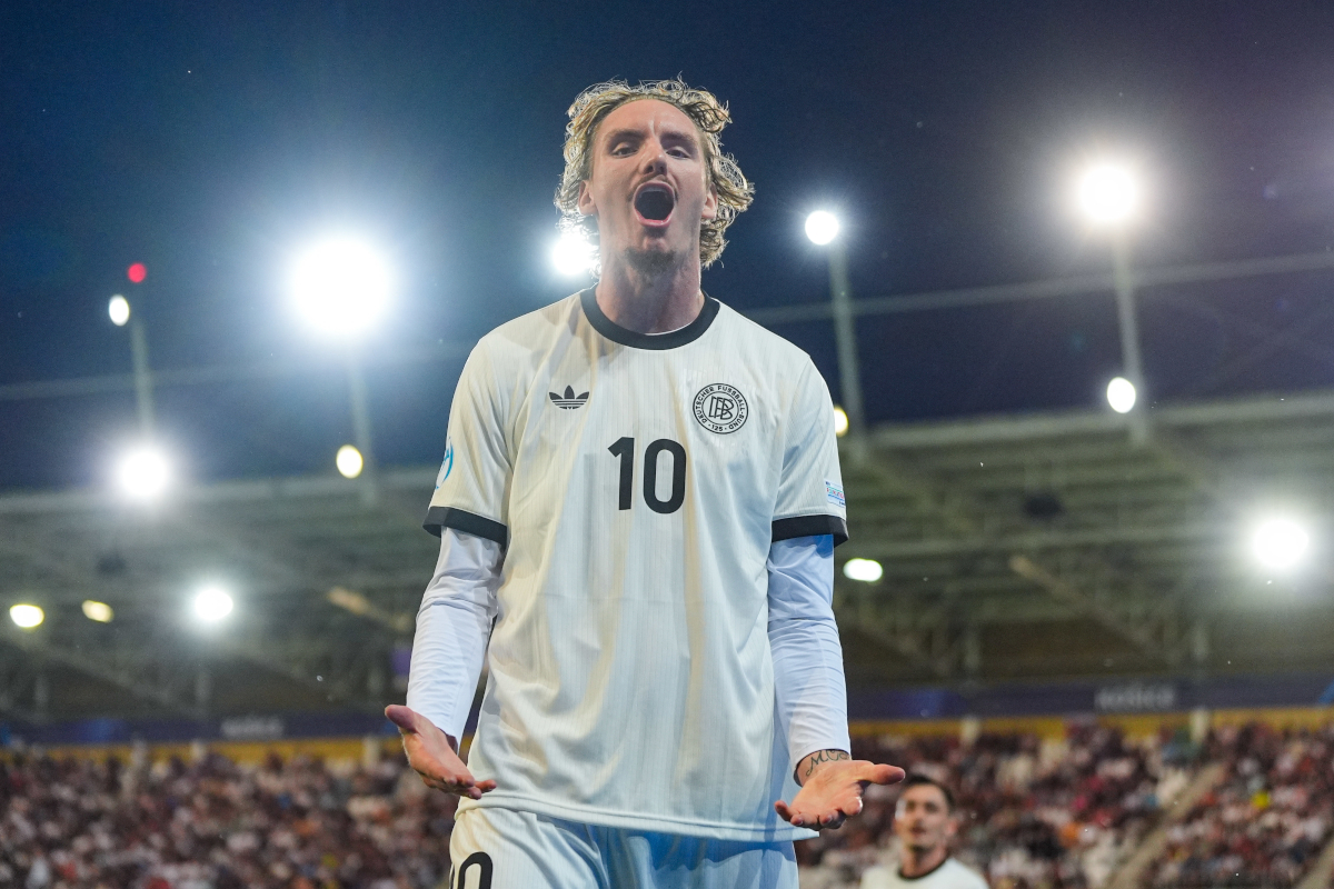 KOSICE, SLOVAKIA - JUNE 25: Nick Woltemade of U21 Germany celebrates after scoring his side's second goal during the UEFA European Under-21 Championship 2025 Semi-Final match between Germany and France at Kosice Football Arena on June 25, 2025 in Kosice, Slovakia. (Photo by Christian Hofer/Getty Images)