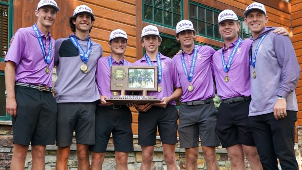 Cretin-Derham Hall golf team poses for a photo with their first place trophy after winning the class 3A State Boys' Golf Tournament at Bunker Hills Golf Course in Coon Rapids on Wednesday, June 11, 2025. (Craig Lassig / Special to the Pioneer Press)